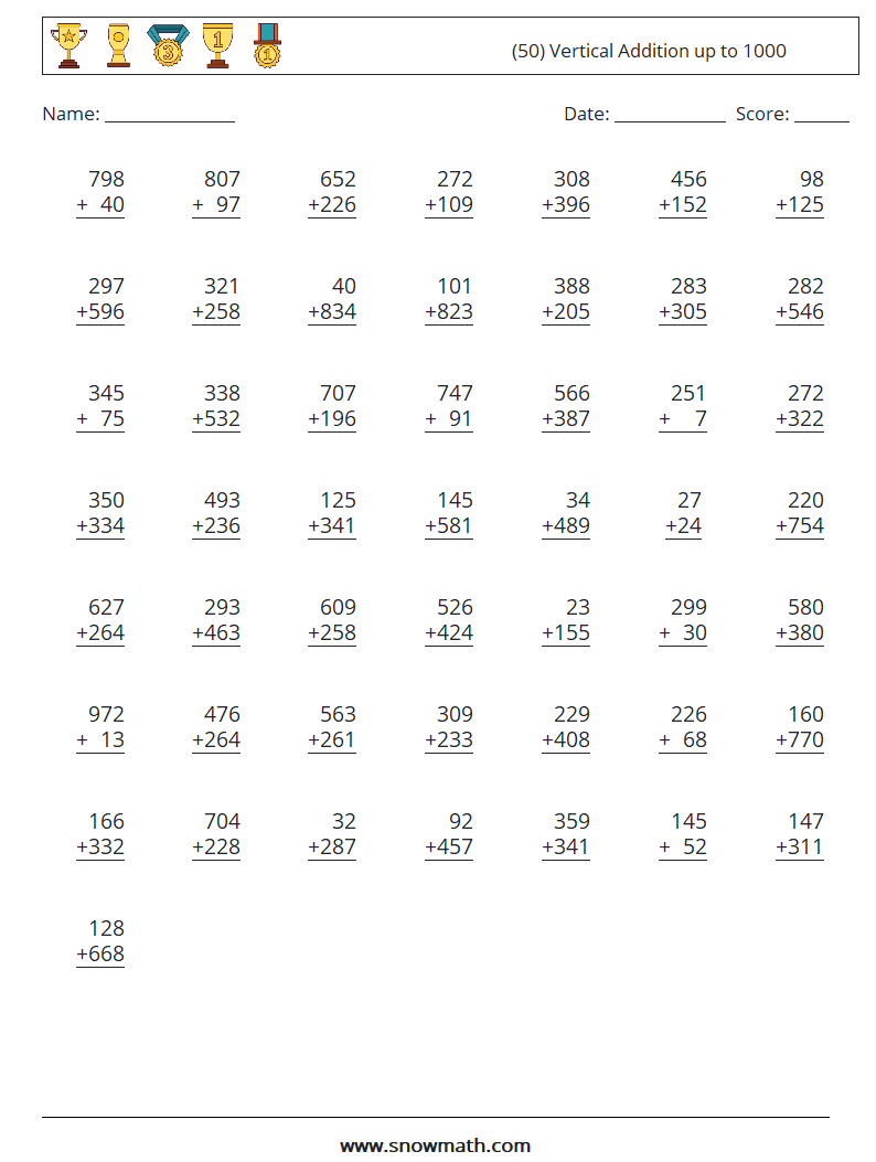 (50) Vertical Addition up to 1000 Maths Worksheets 3