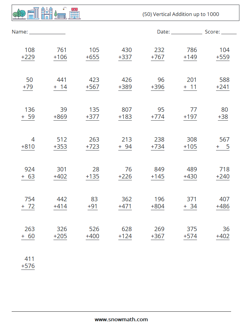 (50) Vertical Addition up to 1000 Maths Worksheets 4