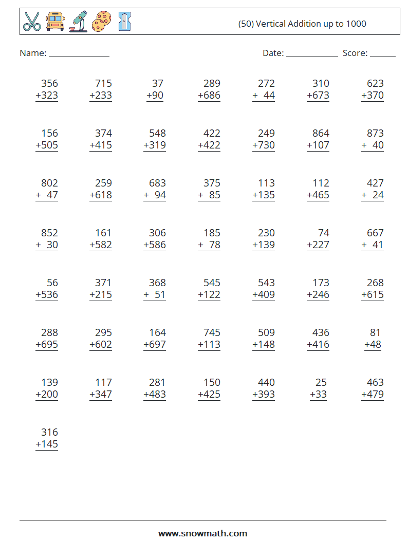 (50) Vertical Addition up to 1000 Maths Worksheets 5