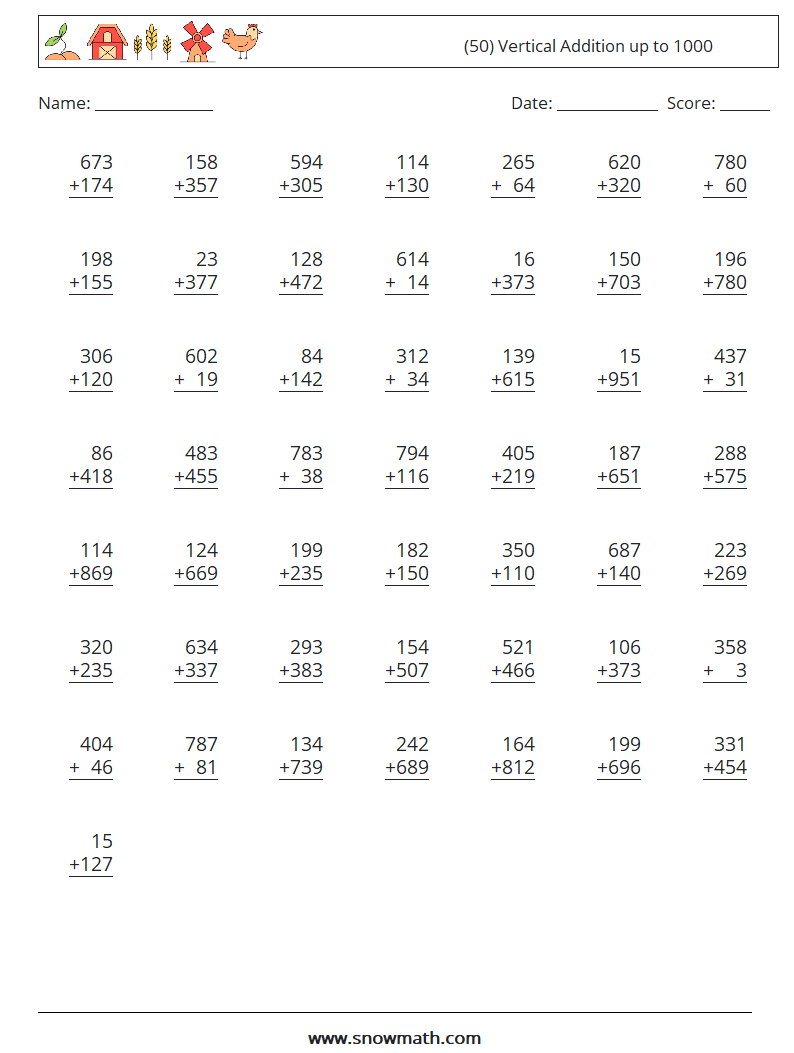(50) Vertical Addition up to 1000 Maths Worksheets 6