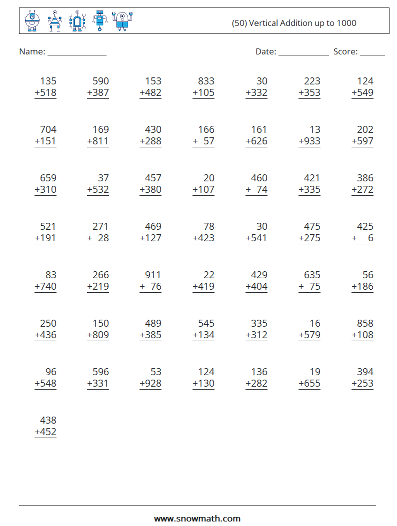 (50) Vertical Addition up to 1000 Maths Worksheets 7