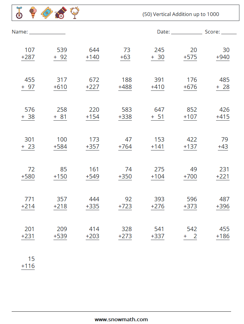 (50) Vertical Addition up to 1000 Maths Worksheets 9