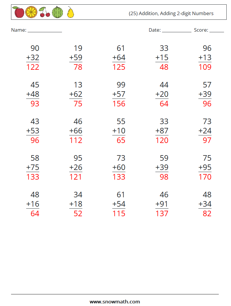 (25) Addition, Adding 2-digit Numbers Maths Worksheets 12 Question, Answer