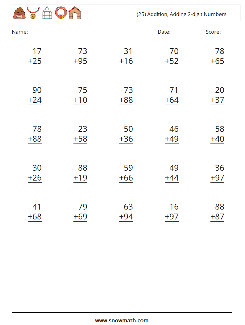 (25) Addition, Adding 2-digit Numbers Maths Worksheets 13