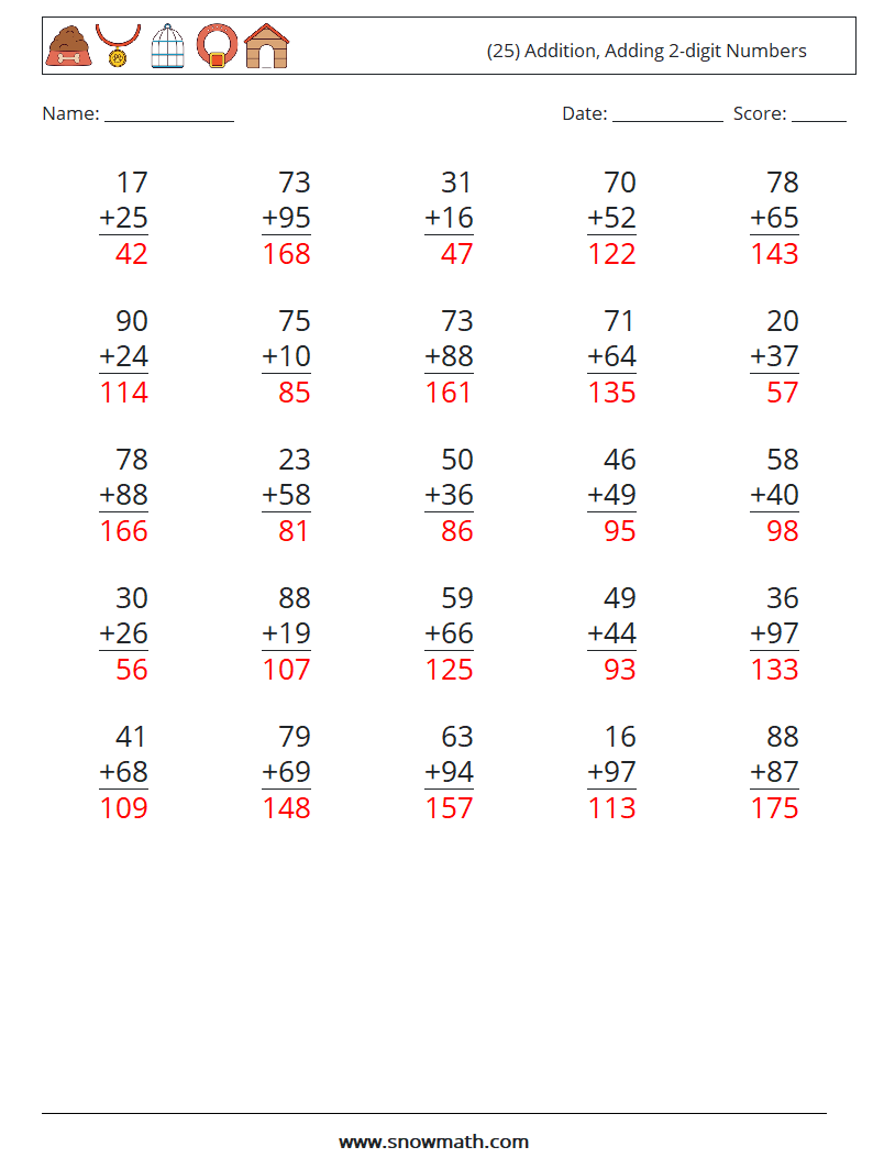 (25) Addition, Adding 2-digit Numbers Maths Worksheets 13 Question, Answer