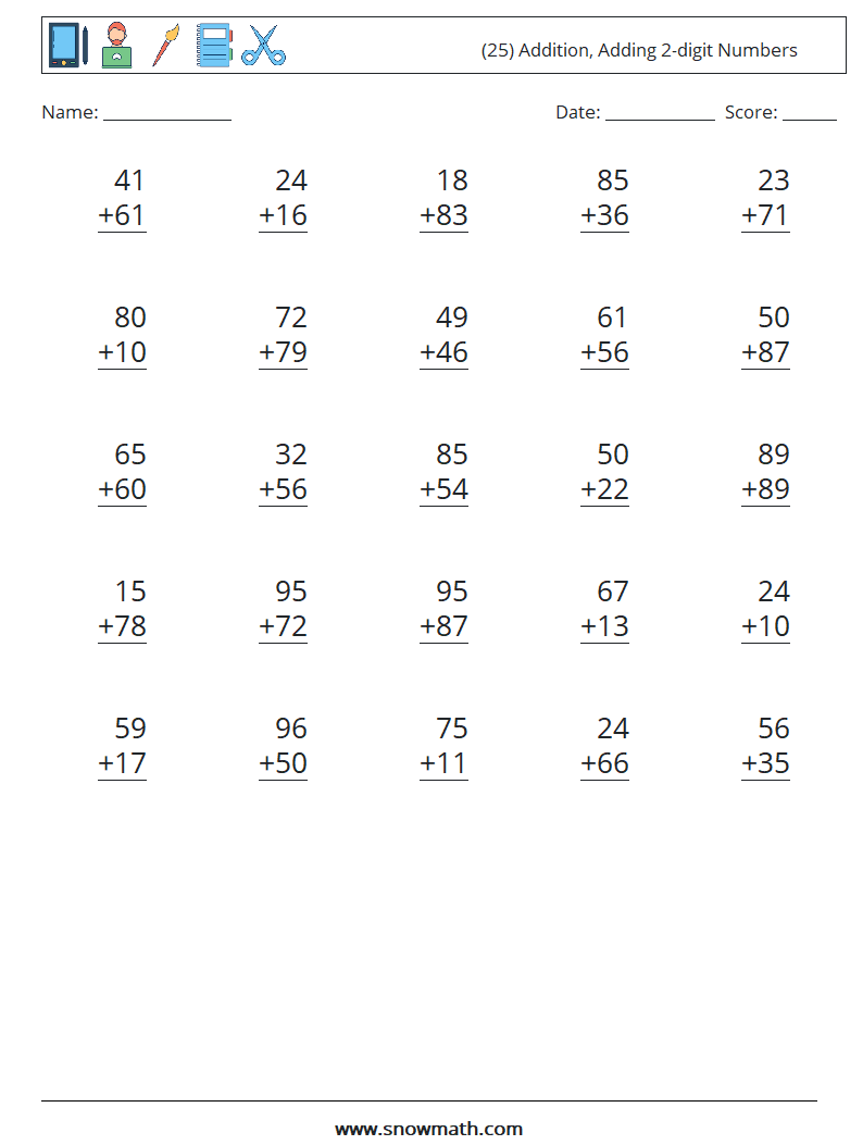 (25) Addition, Adding 2-digit Numbers Maths Worksheets 15