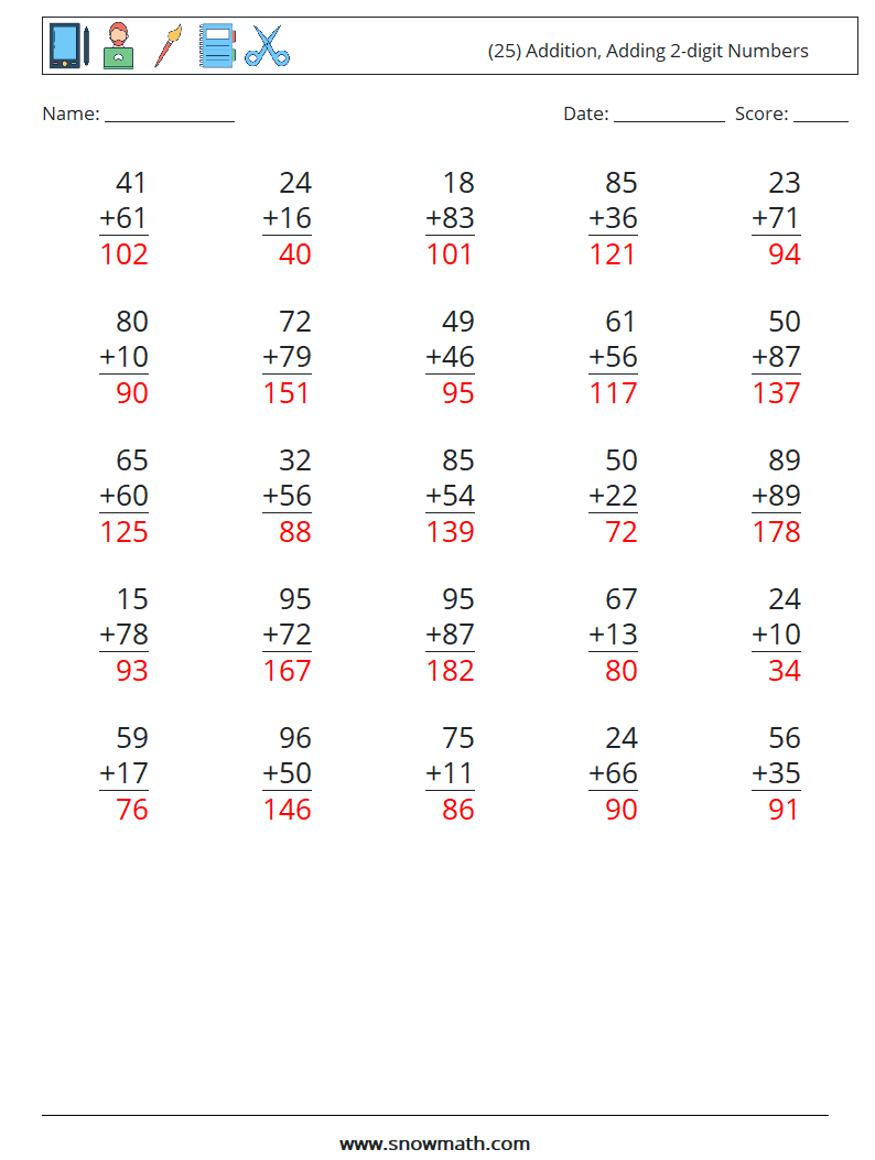 (25) Addition, Adding 2-digit Numbers Maths Worksheets 15 Question, Answer