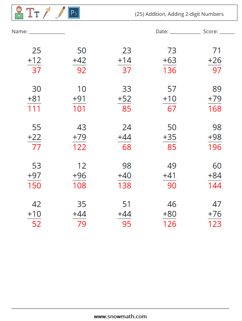 (25) Addition, Adding 2-digit Numbers Maths Worksheets 16 Question, Answer