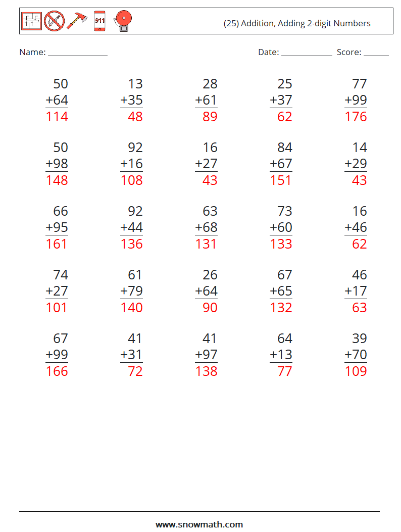 (25) Addition, Adding 2-digit Numbers Maths Worksheets 18 Question, Answer