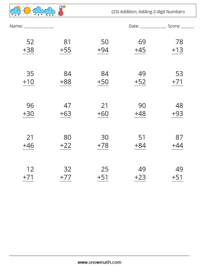 (25) Addition, Adding 2-digit Numbers Maths Worksheets 7