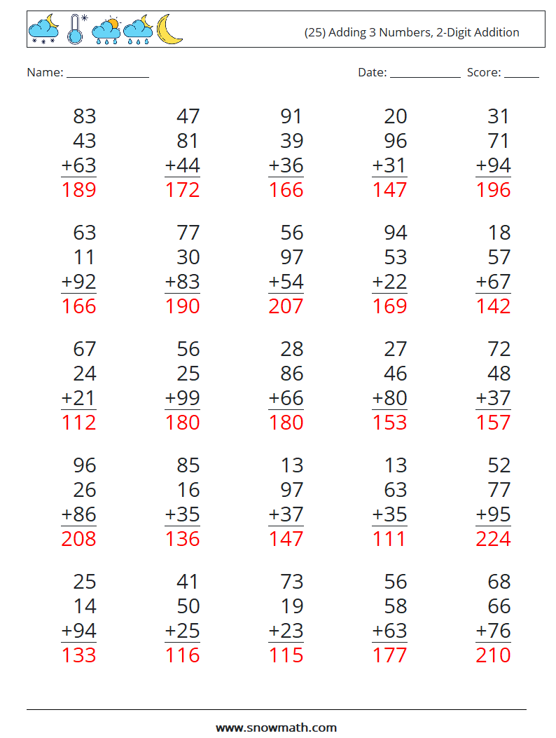 (25) Adding 3 Numbers, 2-Digit Addition Maths Worksheets 12 Question, Answer