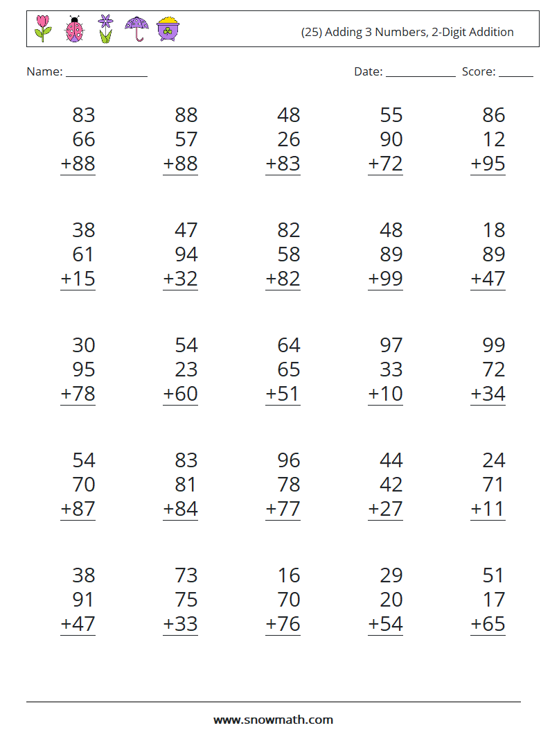 (25) Adding 3 Numbers, 2-Digit Addition Maths Worksheets 14