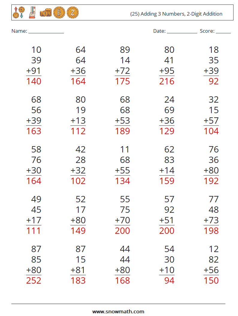 (25) Adding 3 Numbers, 2-Digit Addition Maths Worksheets 16 Question, Answer