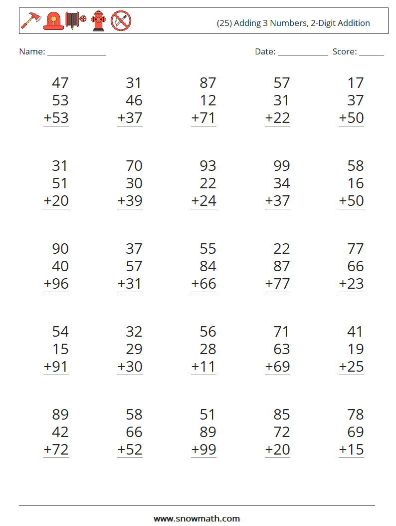 (25) Adding 3 Numbers, 2-Digit Addition Maths Worksheets 9