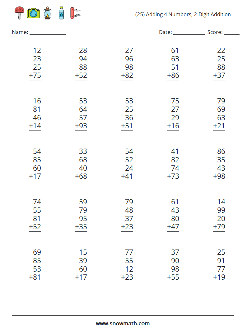 (25) Adding 4 Numbers, 2-Digit Addition Maths Worksheets 11