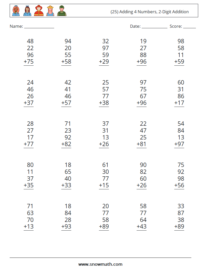 (25) Adding 4 Numbers, 2-Digit Addition Maths Worksheets 13