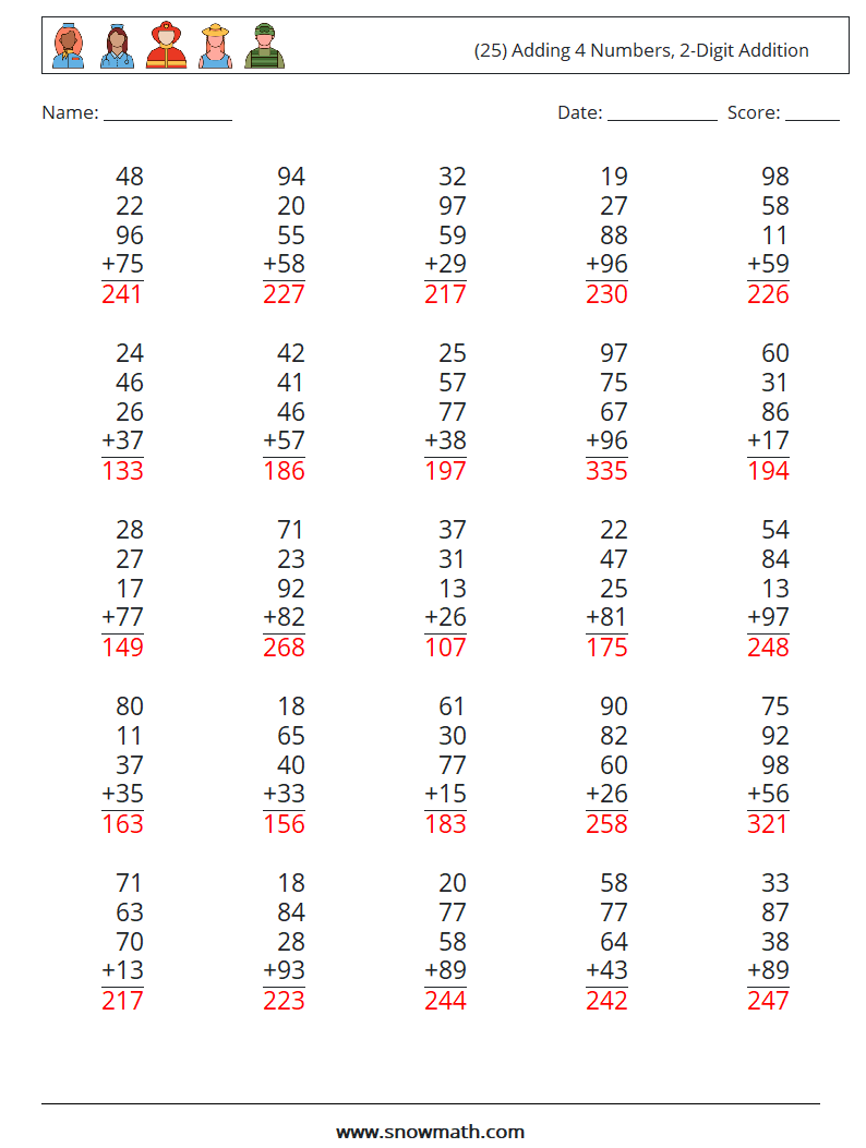 (25) Adding 4 Numbers, 2-Digit Addition Maths Worksheets 13 Question, Answer