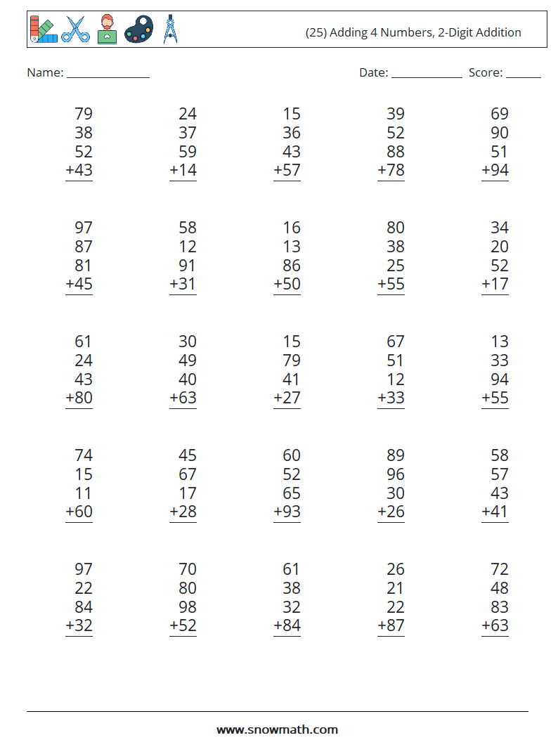 (25) Adding 4 Numbers, 2-Digit Addition Maths Worksheets 14