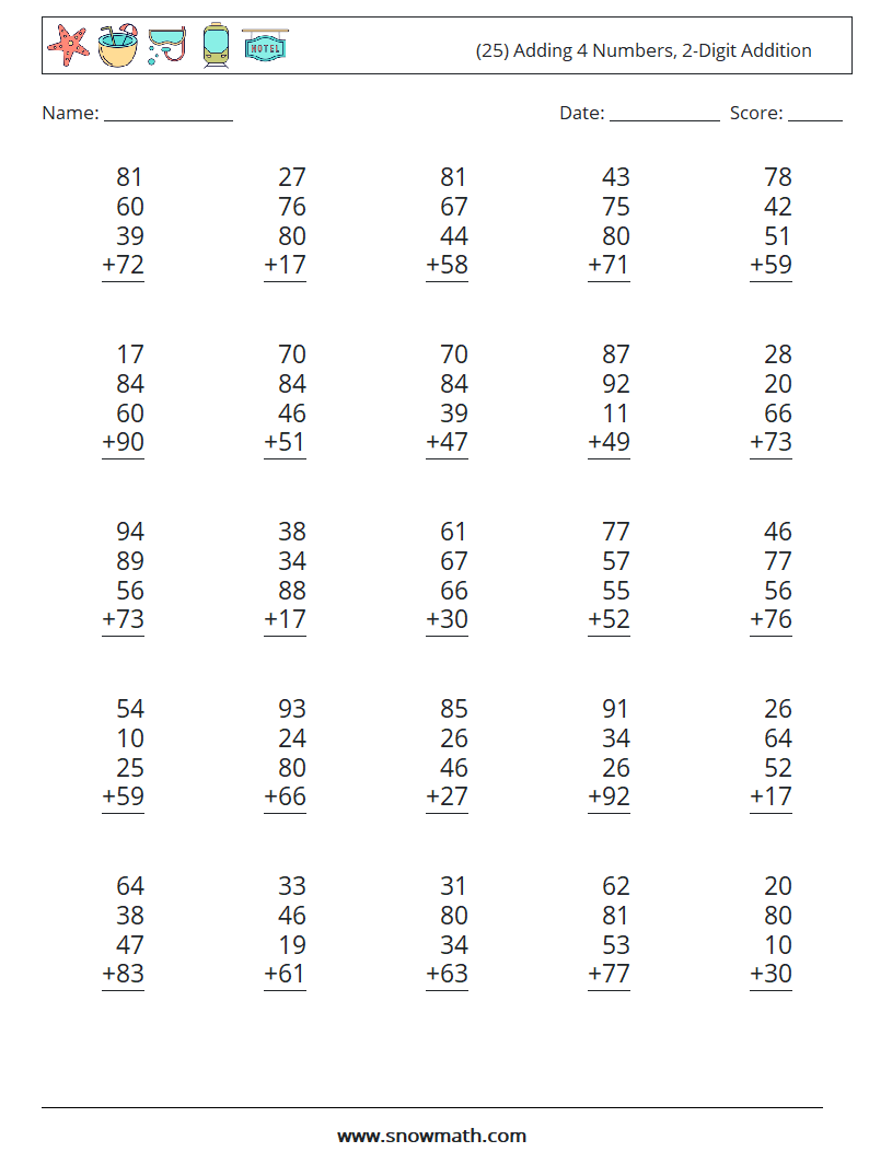 (25) Adding 4 Numbers, 2-Digit Addition Maths Worksheets 15