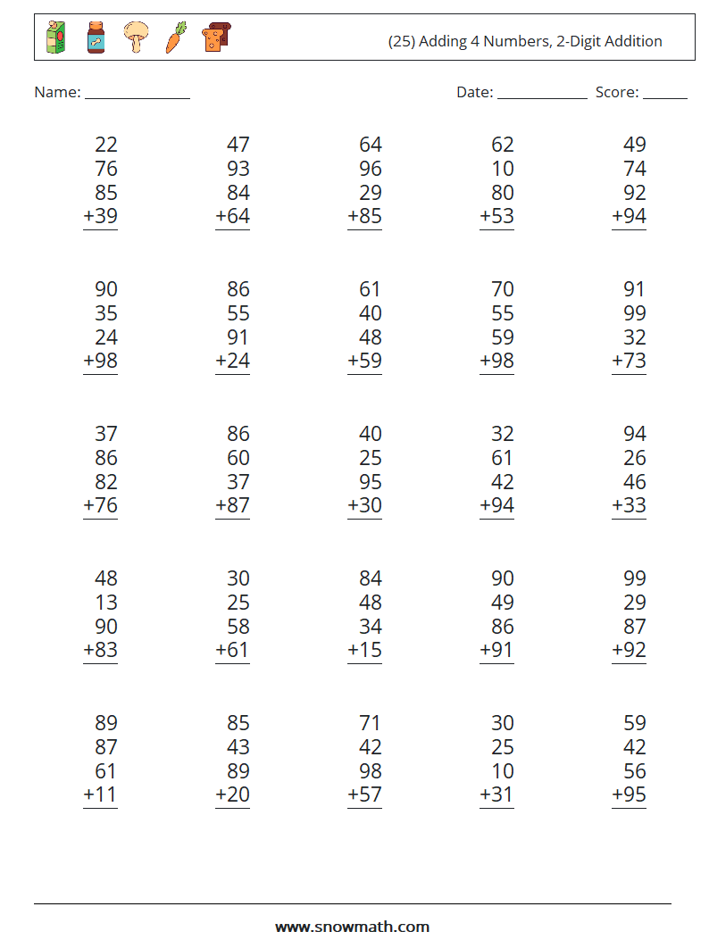 (25) Adding 4 Numbers, 2-Digit Addition Maths Worksheets 16