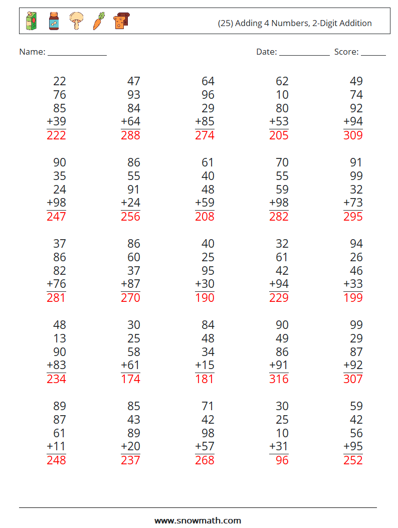 (25) Adding 4 Numbers, 2-Digit Addition Maths Worksheets 16 Question, Answer