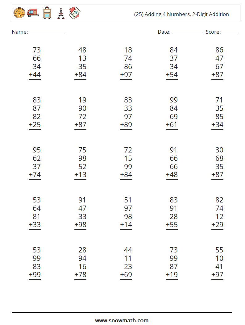 (25) Adding 4 Numbers, 2-Digit Addition Maths Worksheets 17