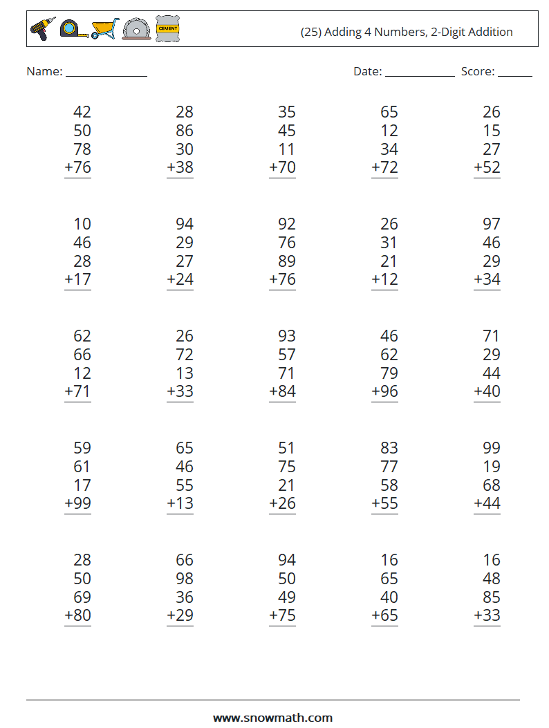 (25) Adding 4 Numbers, 2-Digit Addition Maths Worksheets 18