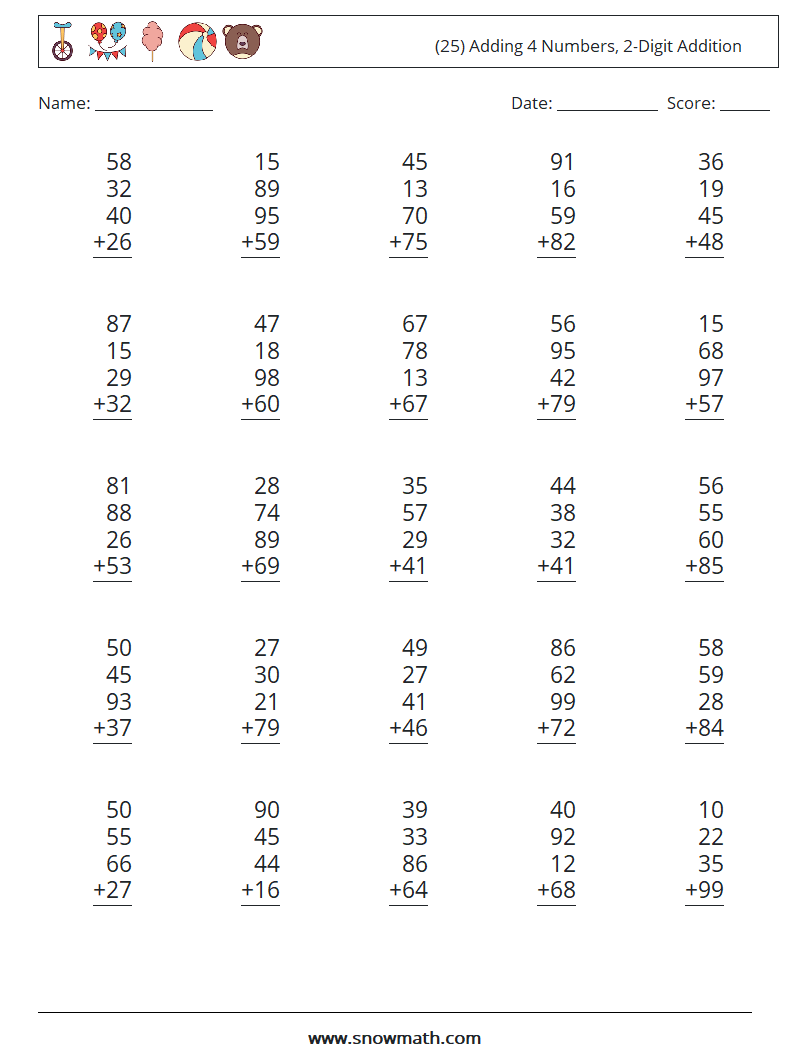 (25) Adding 4 Numbers, 2-Digit Addition Maths Worksheets 3