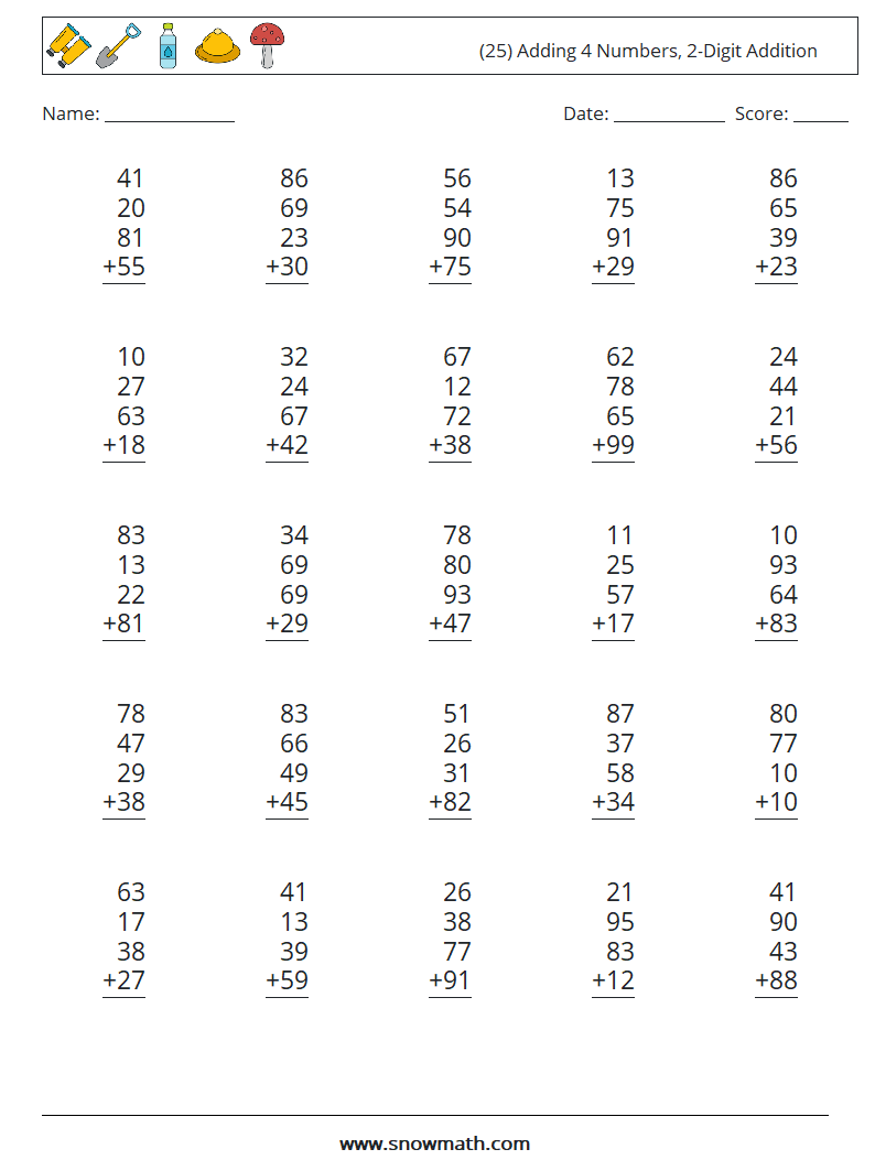 (25) Adding 4 Numbers, 2-Digit Addition Maths Worksheets 4