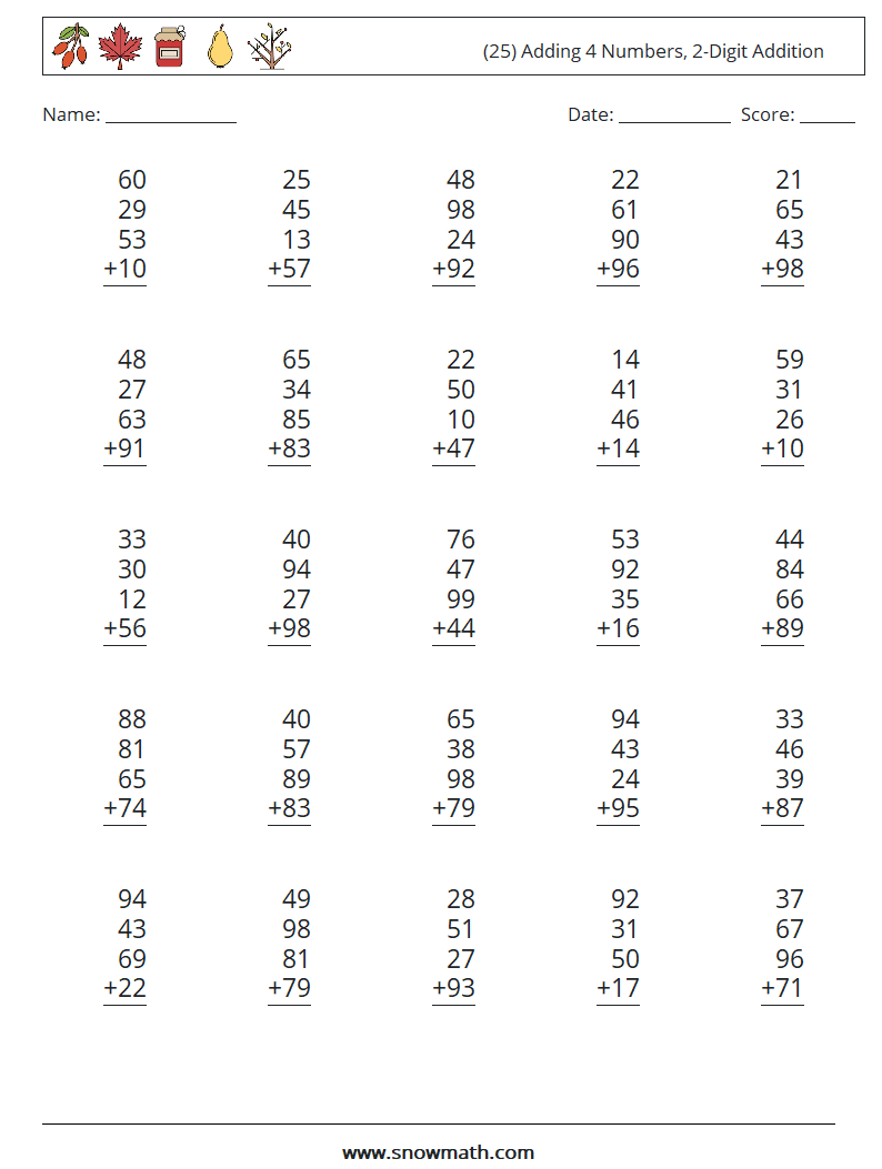 (25) Adding 4 Numbers, 2-Digit Addition Maths Worksheets 8