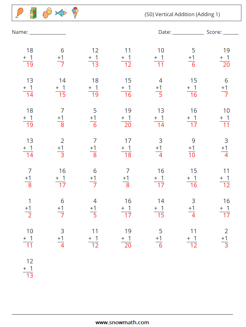 (50) Vertical  Addition (Adding 1) Maths Worksheets 11 Question, Answer