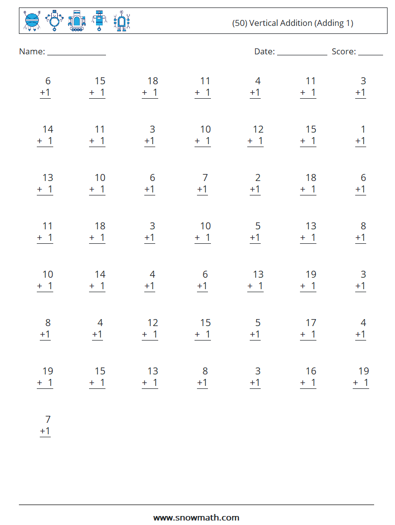 (50) Vertical  Addition (Adding 1) Maths Worksheets 12