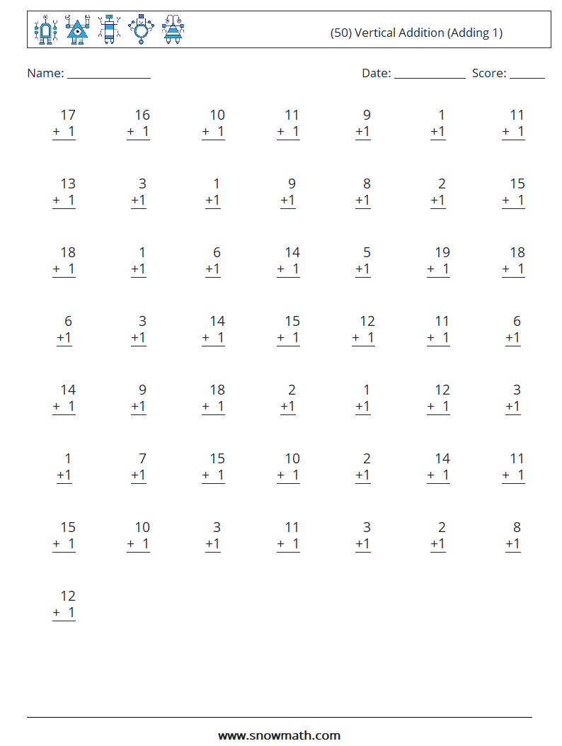(50) Vertical  Addition (Adding 1) Maths Worksheets 14