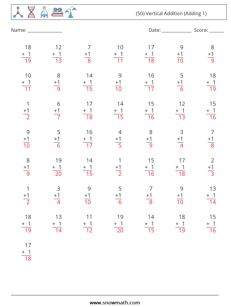 (50) Vertical  Addition (Adding 1) Maths Worksheets 15 Question, Answer