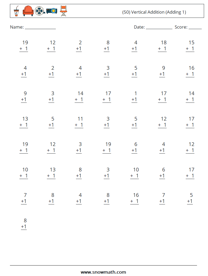 (50) Vertical  Addition (Adding 1) Maths Worksheets 16