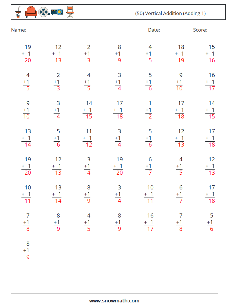 (50) Vertical  Addition (Adding 1) Maths Worksheets 16 Question, Answer