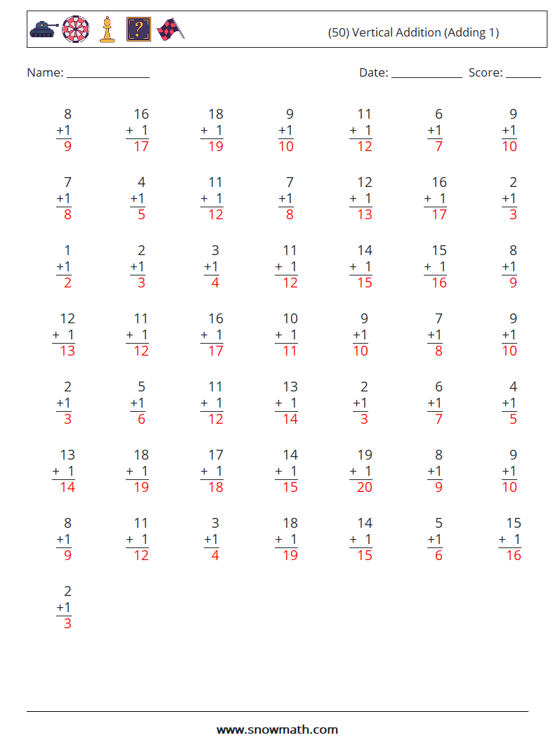 (50) Vertical  Addition (Adding 1) Maths Worksheets 18 Question, Answer