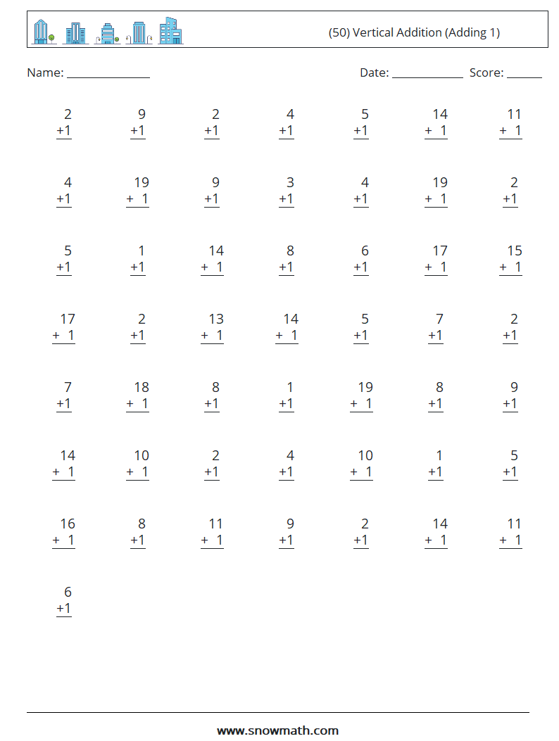 (50) Vertical  Addition (Adding 1) Maths Worksheets 2