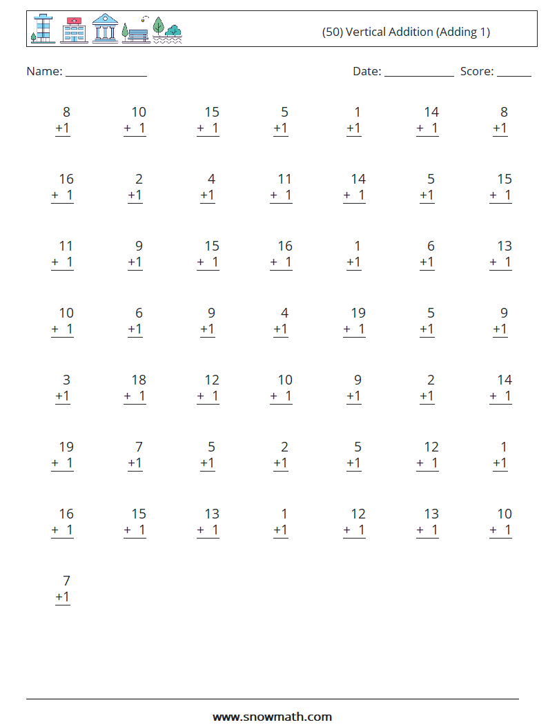 (50) Vertical  Addition (Adding 1) Maths Worksheets 3