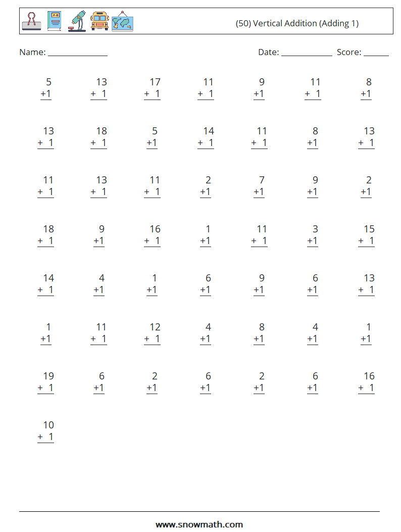 (50) Vertical  Addition (Adding 1) Maths Worksheets 5