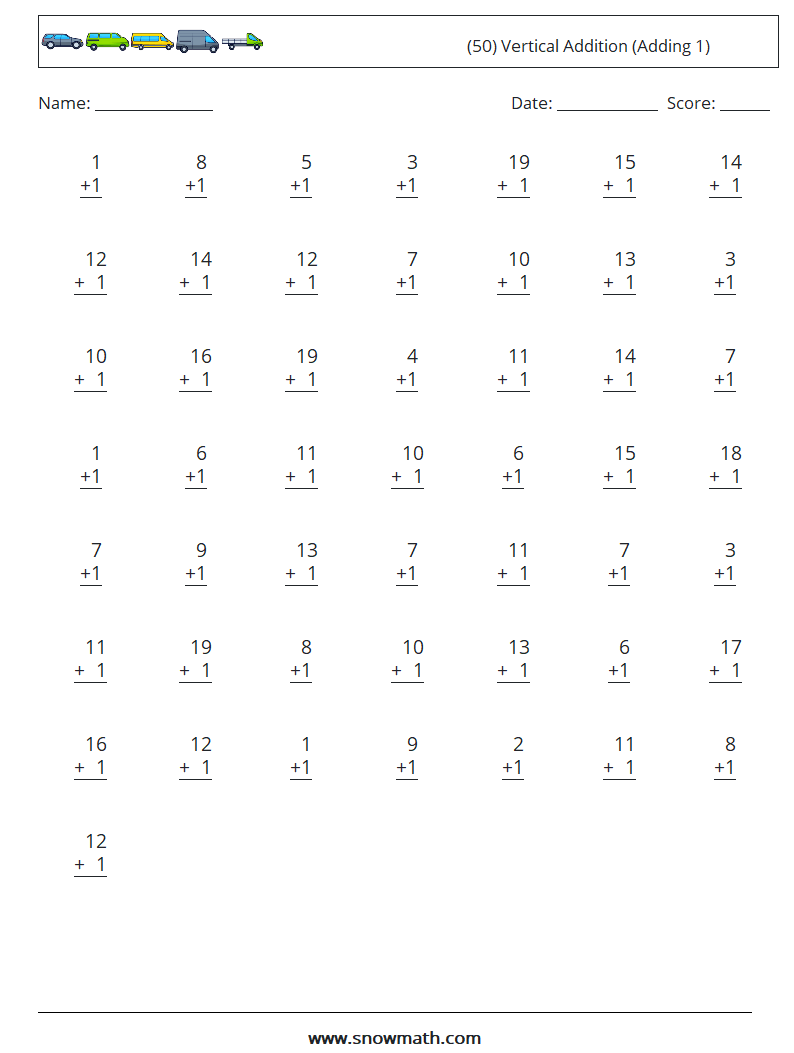 (50) Vertical  Addition (Adding 1) Maths Worksheets 8