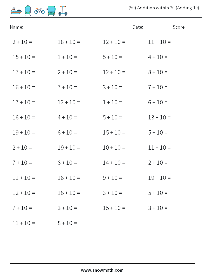 (50) Addition within 20 (Adding 10) Maths Worksheets 1
