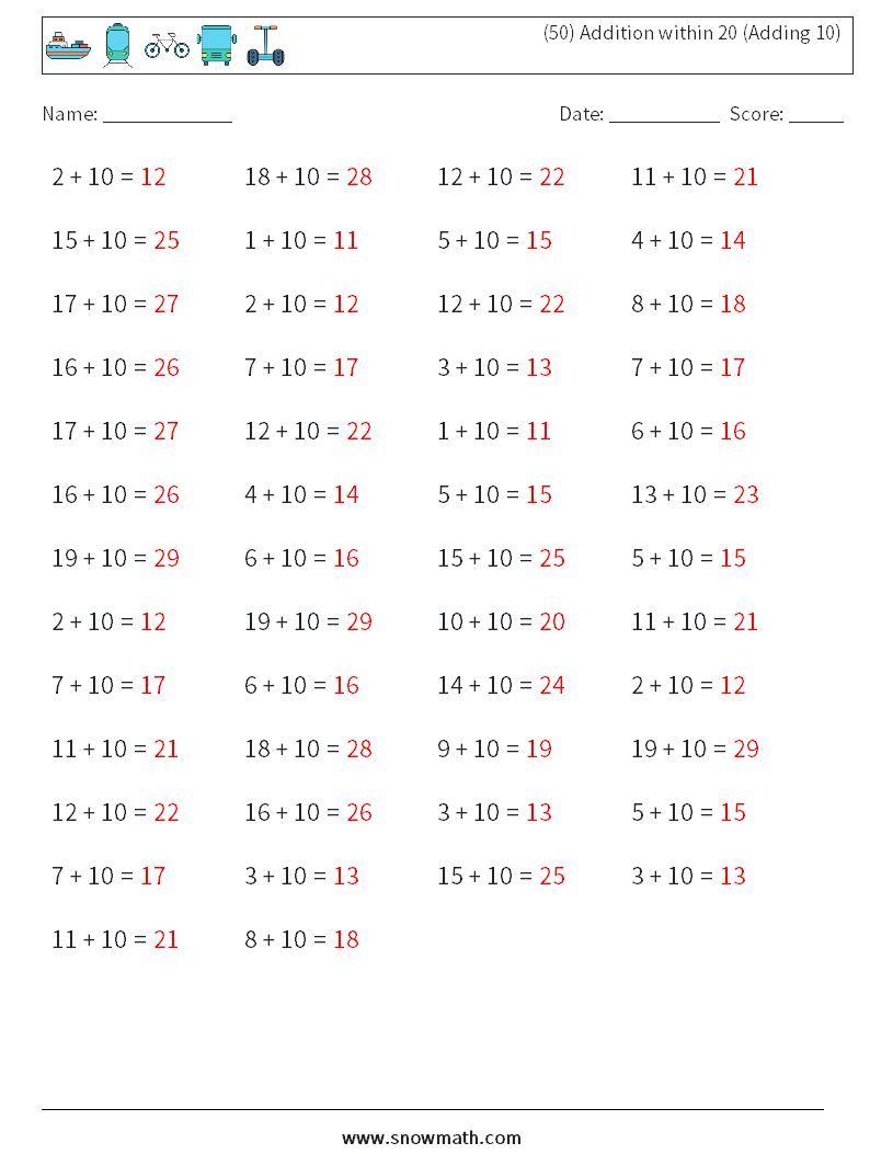 (50) Addition within 20 (Adding 10) Maths Worksheets 1 Question, Answer