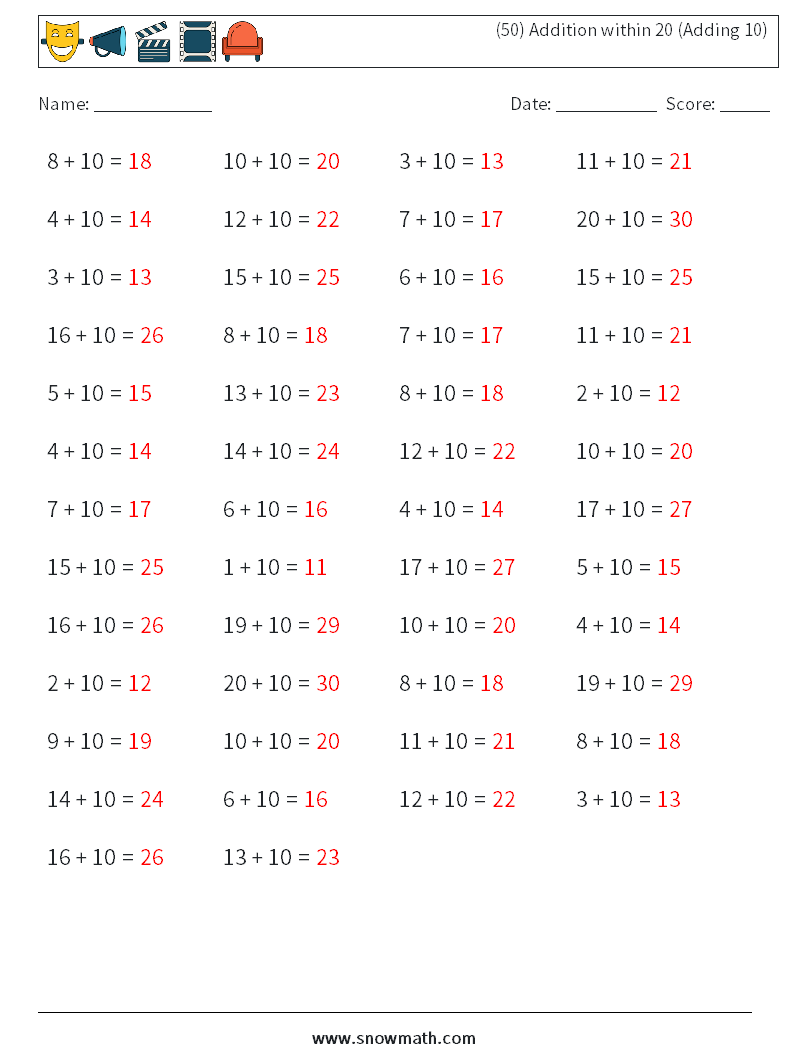 (50) Addition within 20 (Adding 10) Maths Worksheets 2 Question, Answer