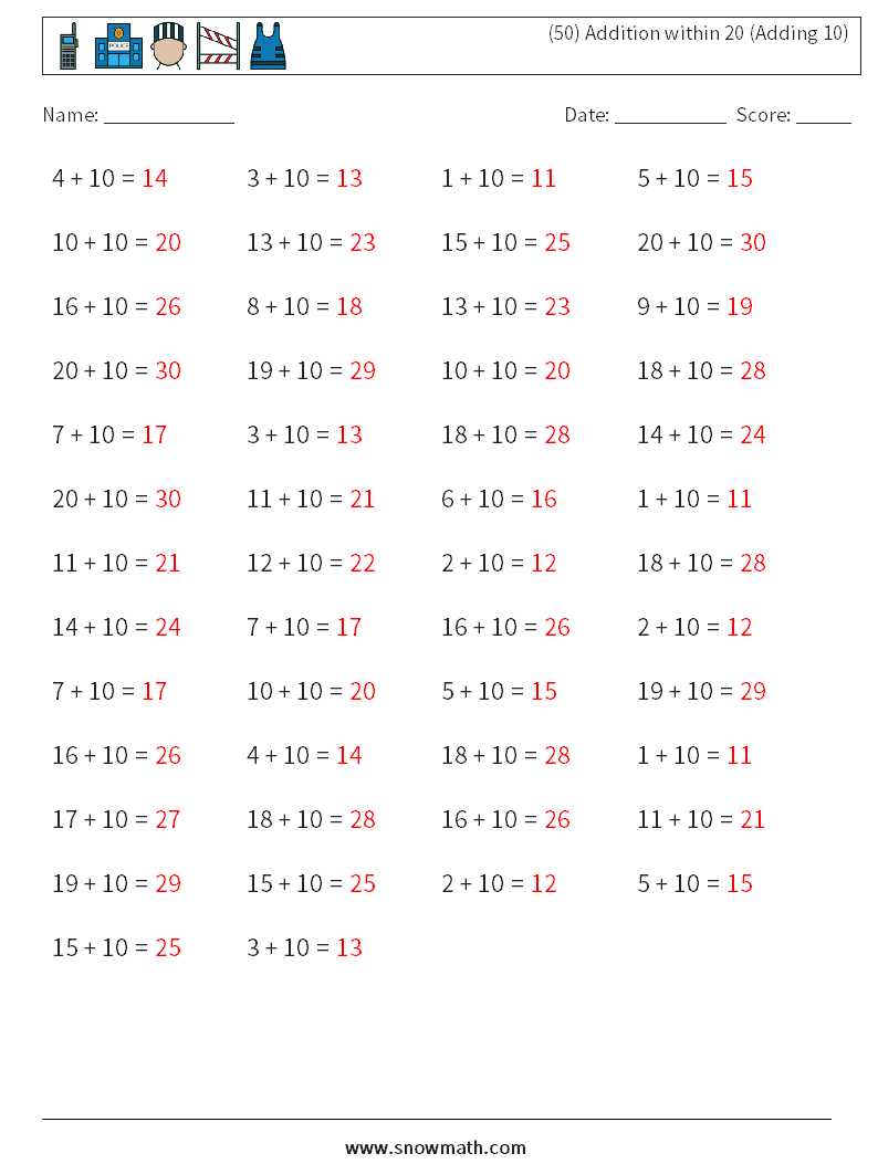 (50) Addition within 20 (Adding 10) Maths Worksheets 5 Question, Answer