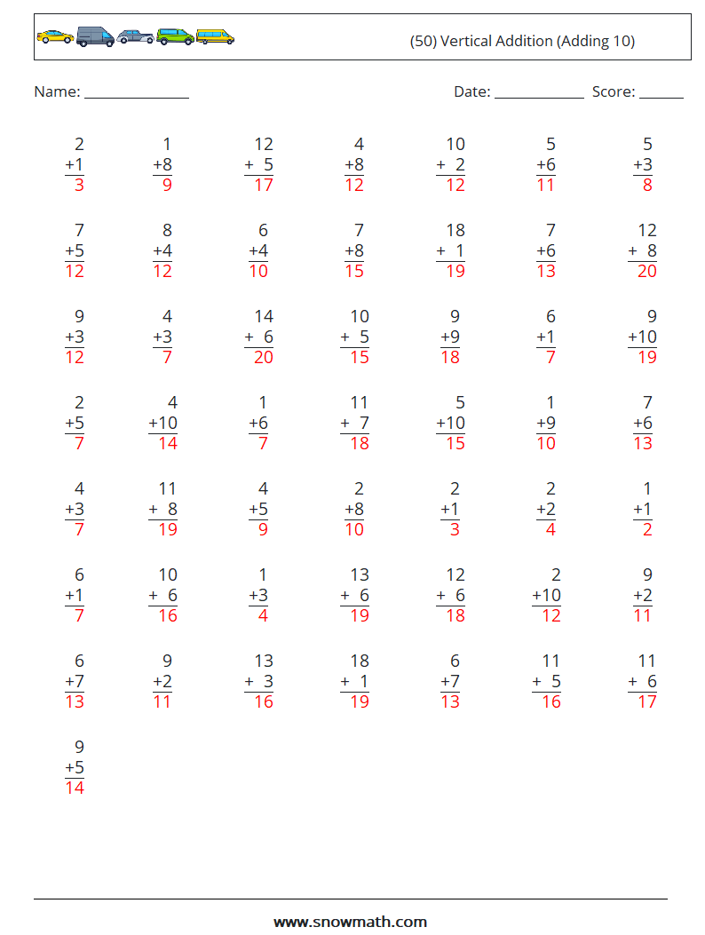 (50) Vertical  Addition (Adding 10) Maths Worksheets 10 Question, Answer