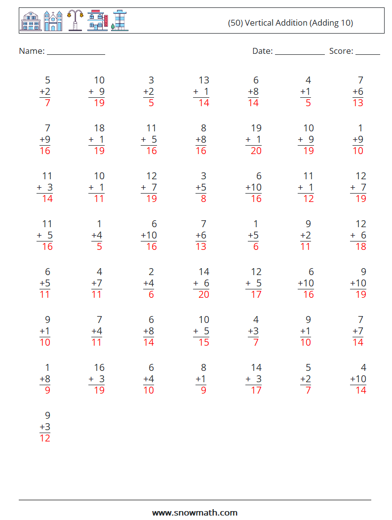 (50) Vertical  Addition (Adding 10) Maths Worksheets 12 Question, Answer