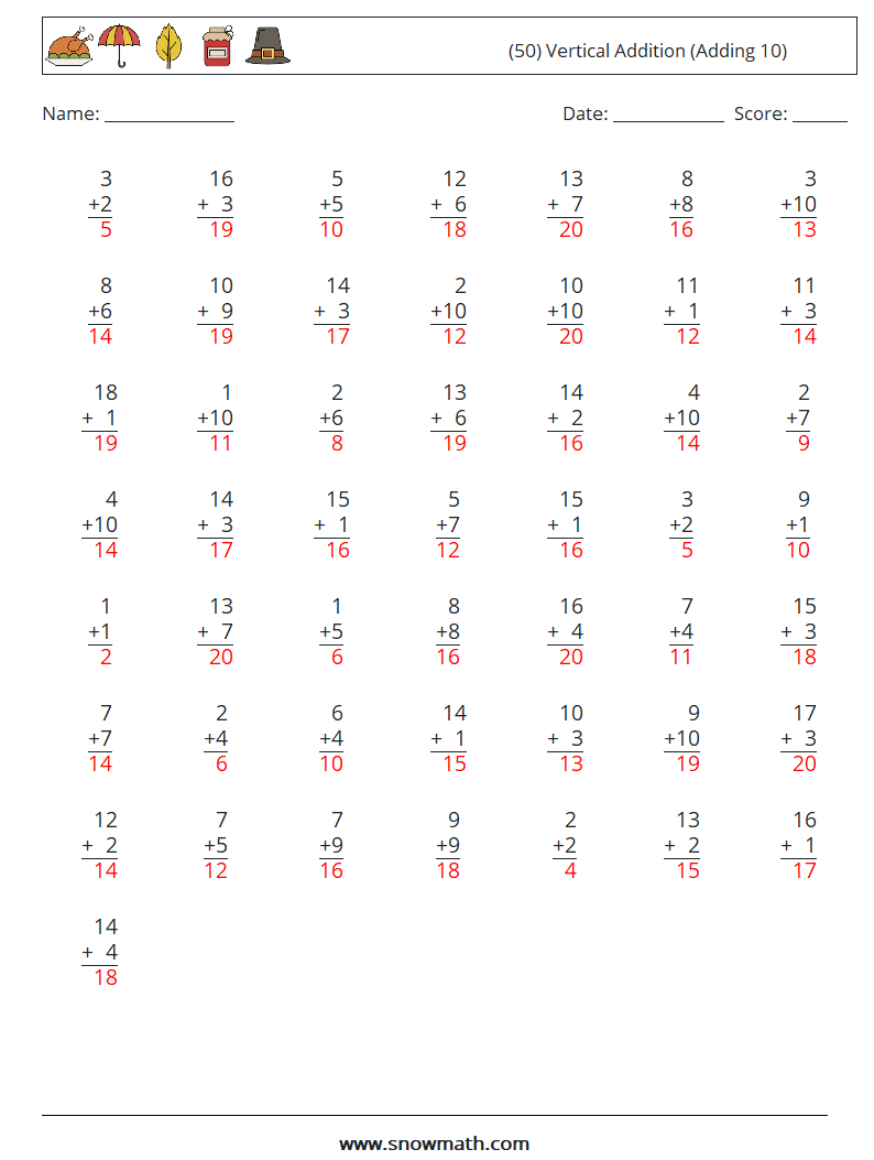 (50) Vertical  Addition (Adding 10) Maths Worksheets 13 Question, Answer