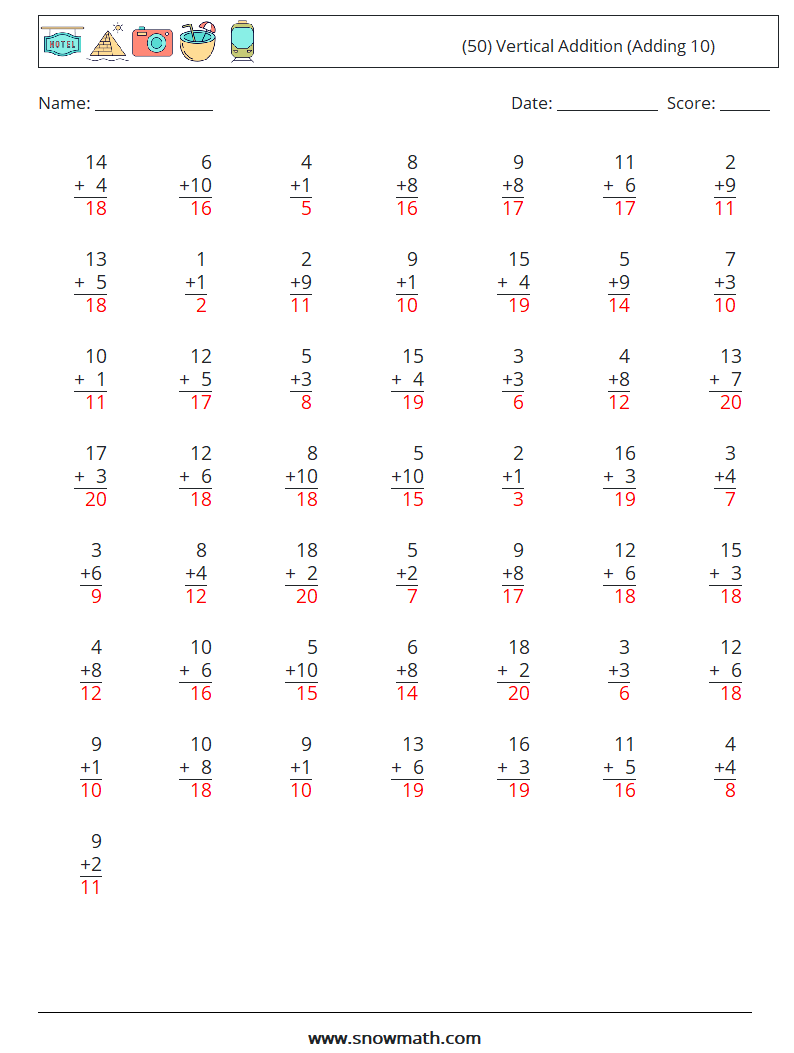 (50) Vertical  Addition (Adding 10) Maths Worksheets 14 Question, Answer