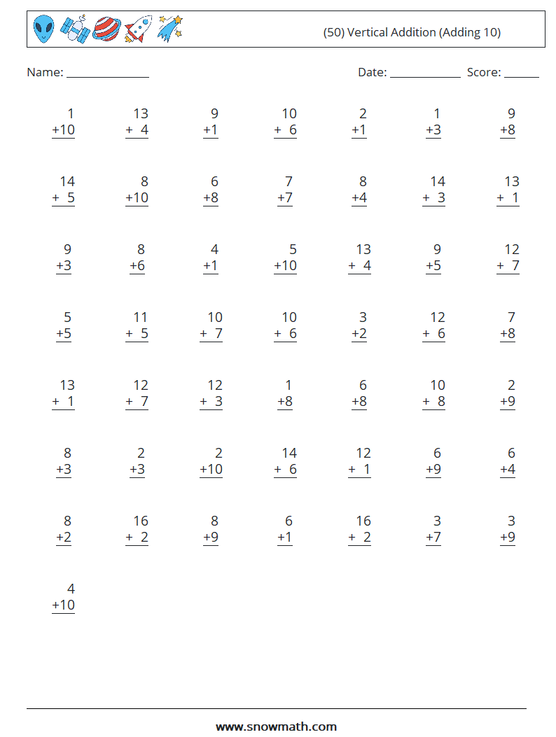 (50) Vertical  Addition (Adding 10) Maths Worksheets 17